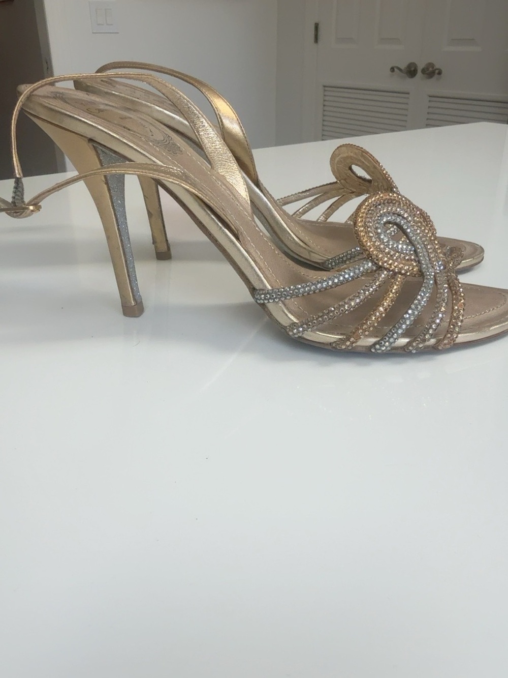 René Caovilla Crystal Metallic Gold Silver Sandals Size 40.5